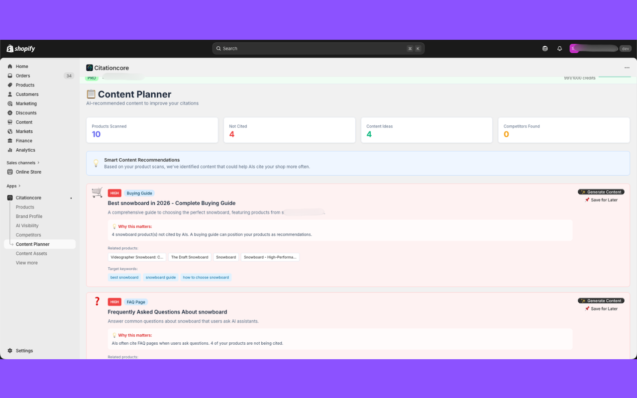 Content Planner showing AI-recommended buying guides and FAQ pages to improve citations
