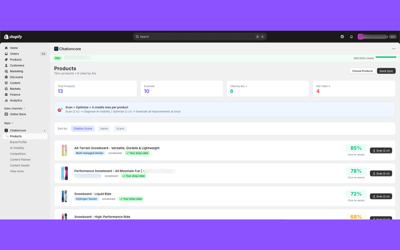Product list showing citation scores per product — 85%, 78%, 72%, 68% — with Scan buttons