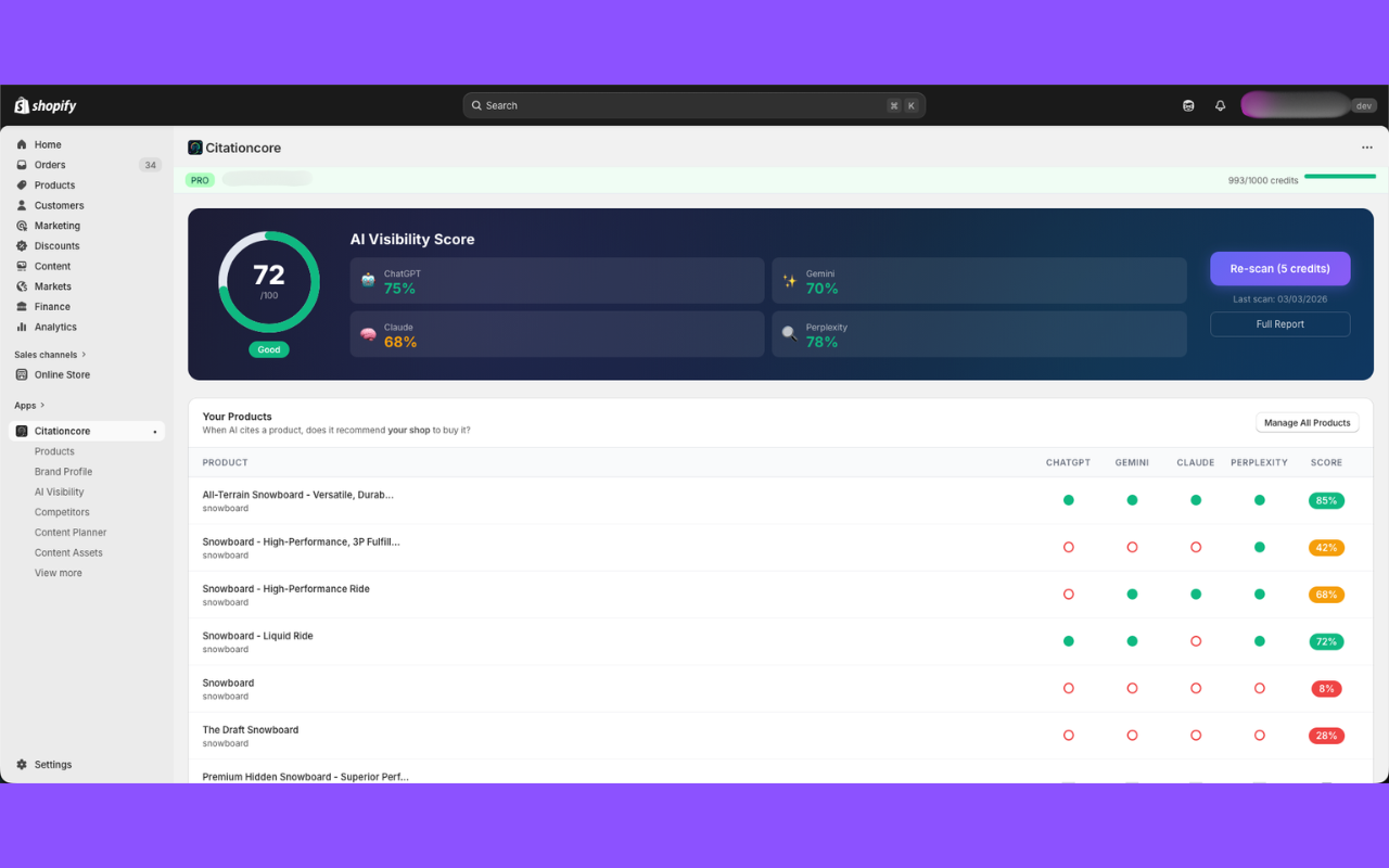 CitationCore Dashboard showing AI Visibility Score for a Shopify store